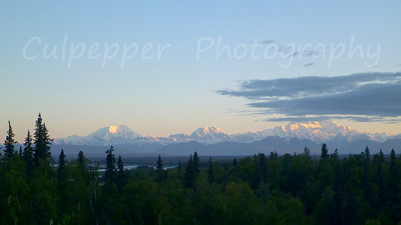 Sunset over Sultana, Beguia, and Denali