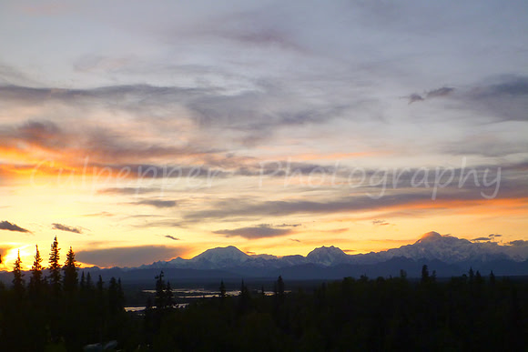 Sunrise over Sultana, Beguia, and Denali
